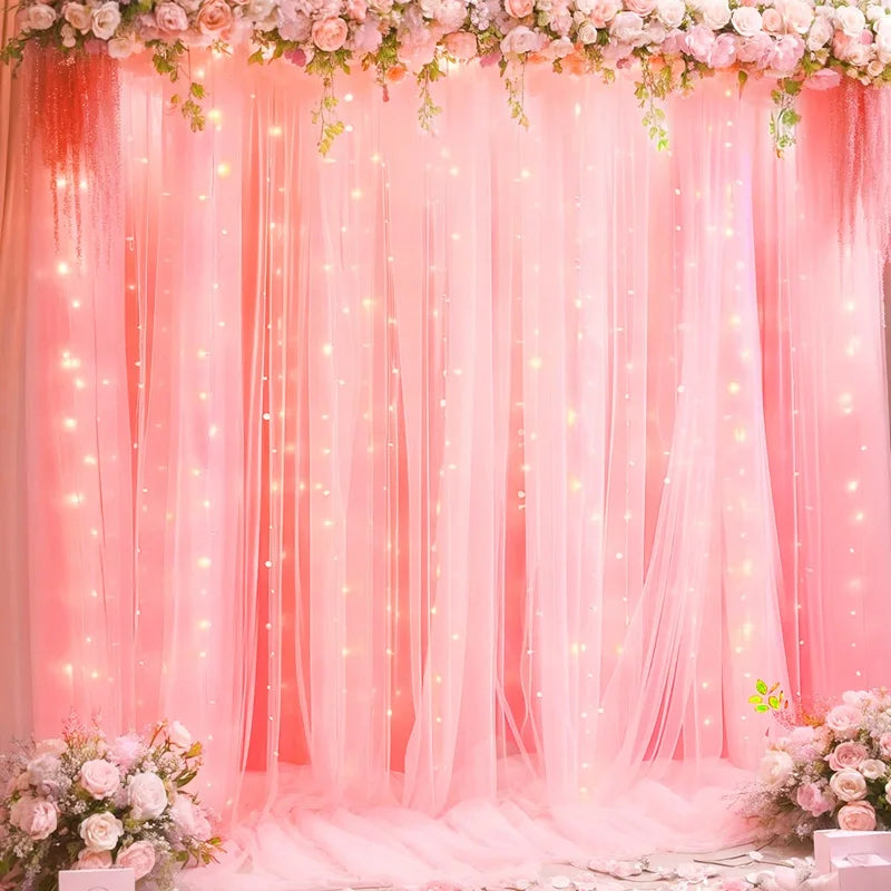 1 Set/2 Pieces Tulle Backdrop Curtains with Lights for Party Wedding Arch Baby Shower Birthday Party Photo Shoot Decorations