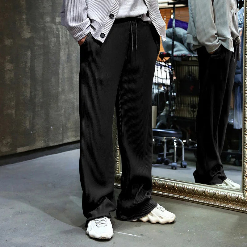 Men's Casual High-Waist Wide-Leg Pants – Loose Fit, Striped, Straight-Leg, Spring & Autumn Style