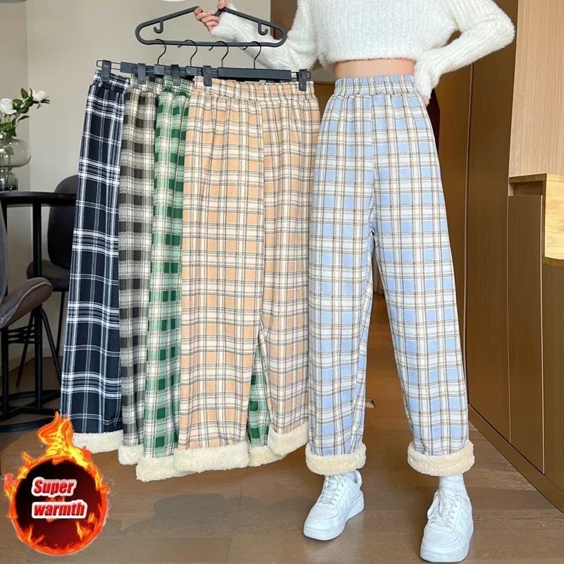Fashion Warm Plush Pants Cashmere Thick Plaid Ladies Winter Casual Loose Wide-legged Pants Streetwear