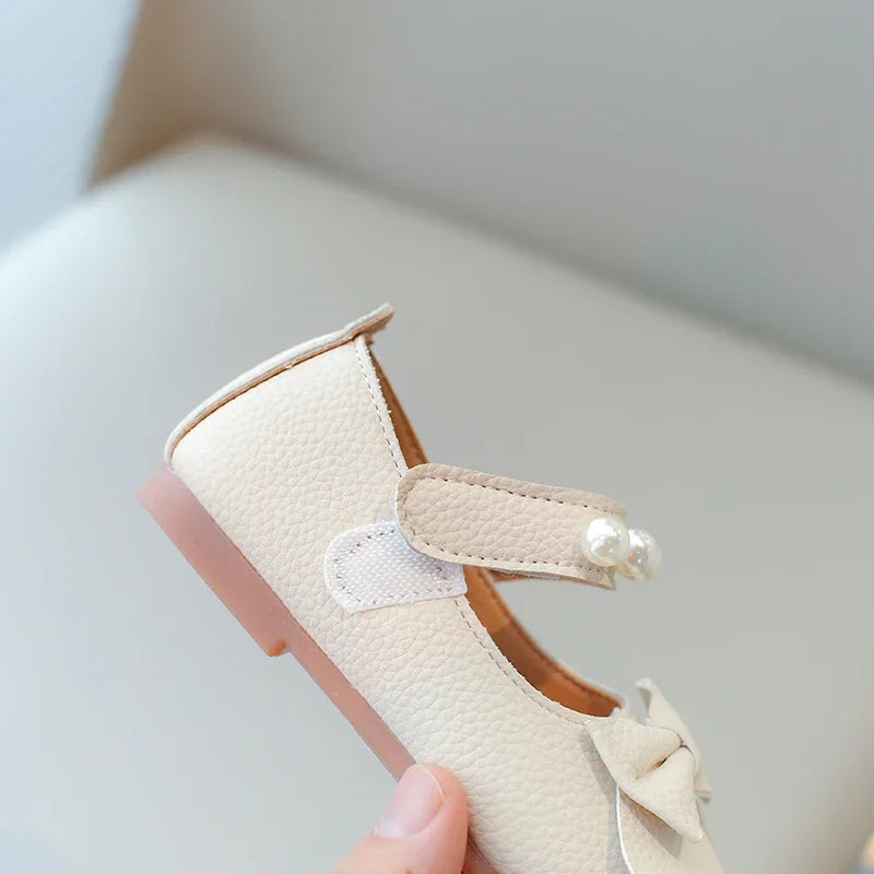 Baby Toddler Girls Party Shoes Leather Pearls Beaded with Butterfly-knot Kids Mary Janes PU Leather Soft Cute Flats