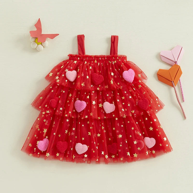 1-9 Years Girls Fashion Valentine Day Dress Kids Star Print Square Neck Sleeveless Children’s Layered Tulle with 3D Heart Clothes