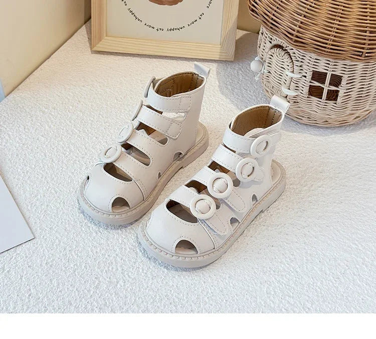 Kids High-Top Beach Shoes – Hollowed-Out Princess Sandals with Hook & Loop Strap | Trendy Summer Solid Color Children’s Sandals