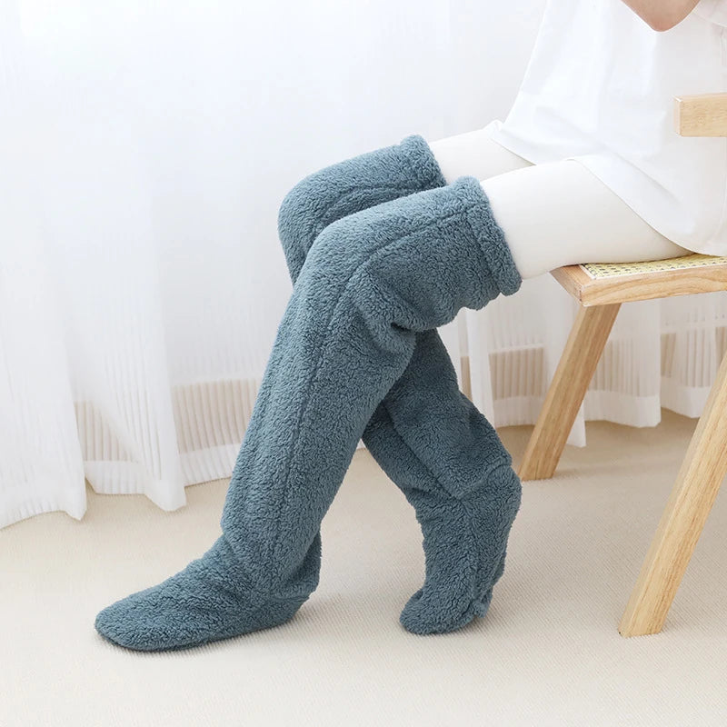 Over Knee Long Winter Socks Thigh High Double-sided Fleece Stockings Socks Solid Color Plush Leg Home Office Warmers