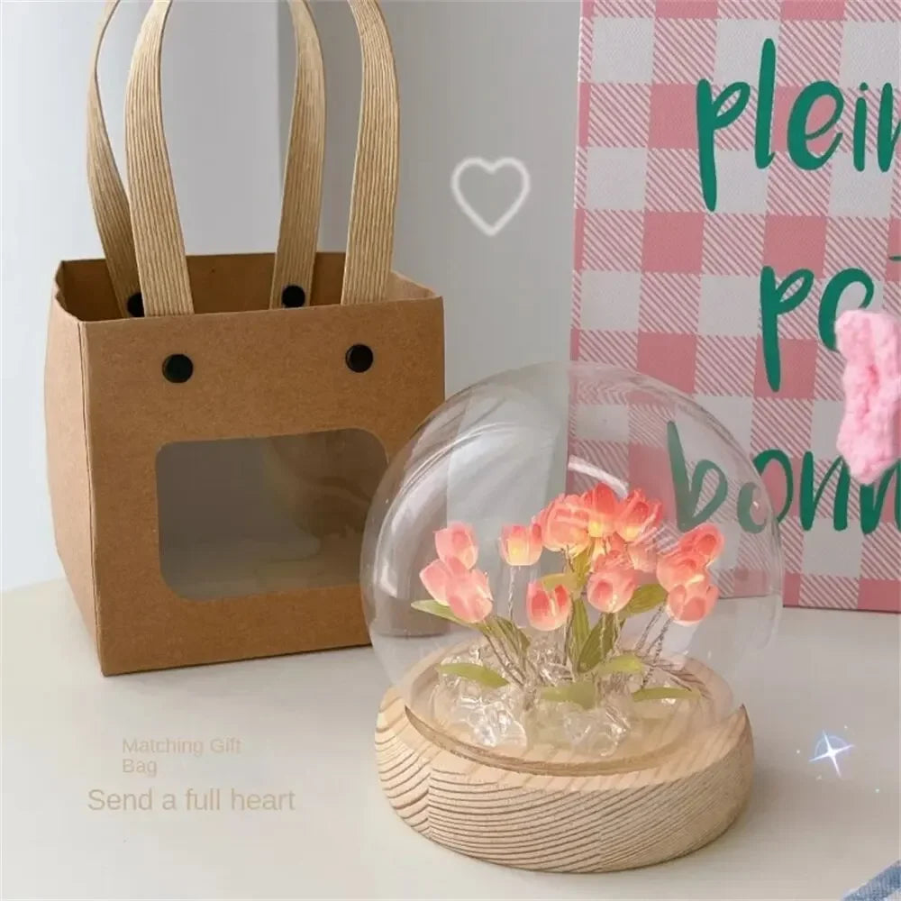 Handmade Artificial Tulip LED Night Light – DIY Transparent Cover Bedside Lamp | Home Decor & Ambient Lighting