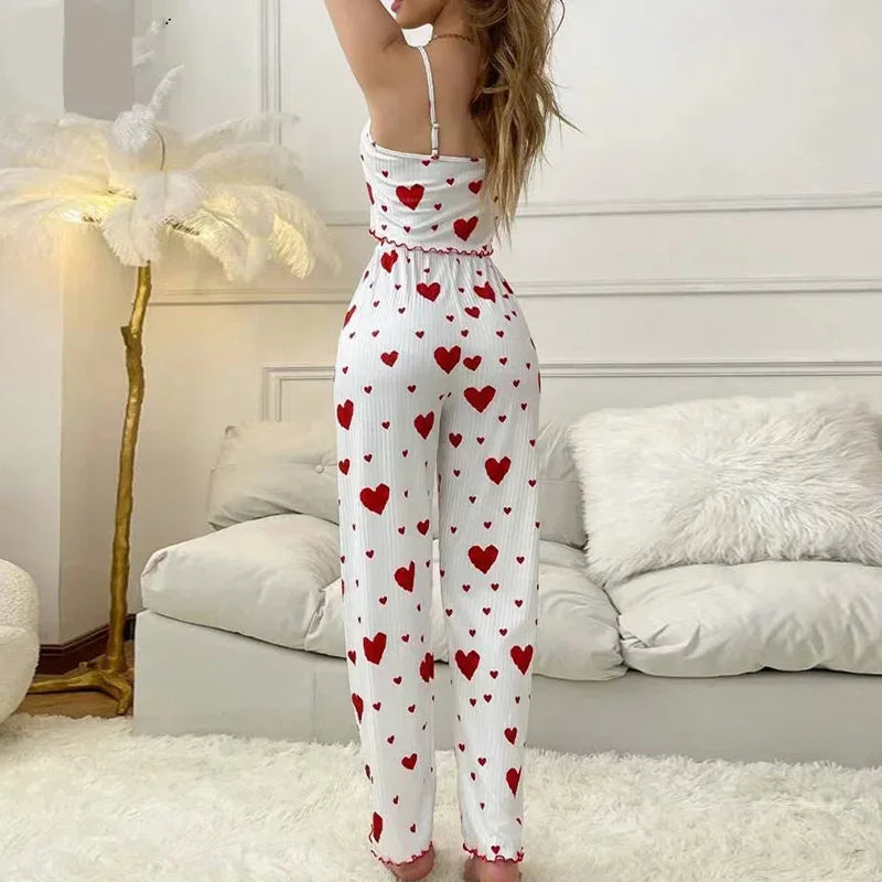 Women's Autumn Winter Sleepwear Pajama Set – Heart Print Sleeveless Cami Top with Long Pants, Comfortable Loungewear Pyjamas