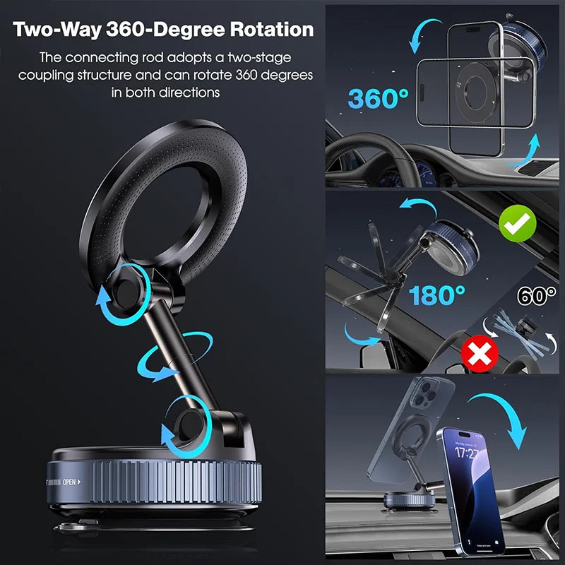 Magnetic Car Phone Holder – Foldable Dashboard Mount with Strong Suction, 360° Rotation for Smartphones