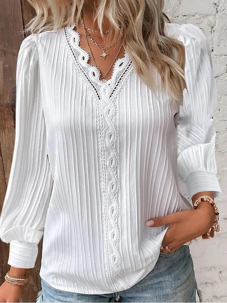 Solid Color V-neck Women Lace Stitching Shirt Simple Chiffon Decoration Hollow Out Design Fashion Elegant Top Office Lady Blouse