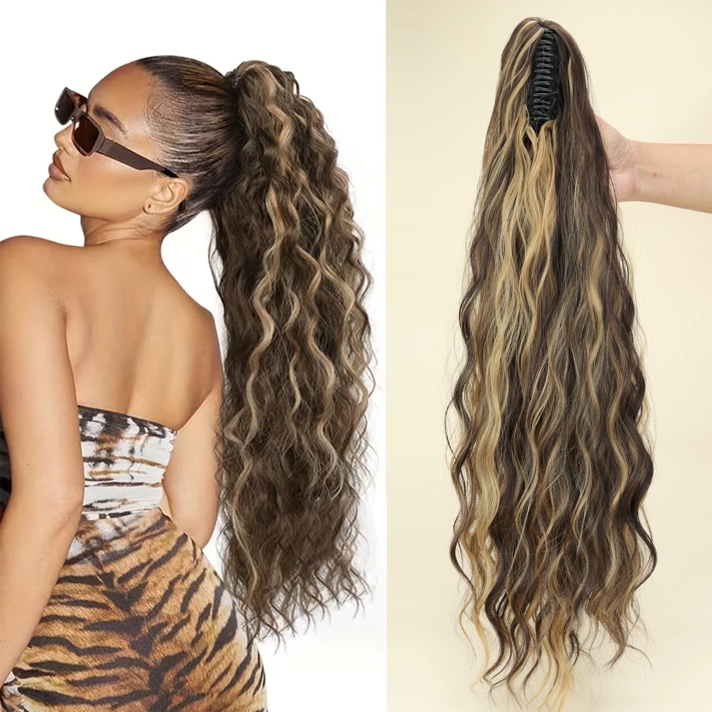 Heat-Resistant Synthetic Water Wave Claw Clip Ponytail – Fluffy Messy Hair Extension for Women (Black & Blonde)