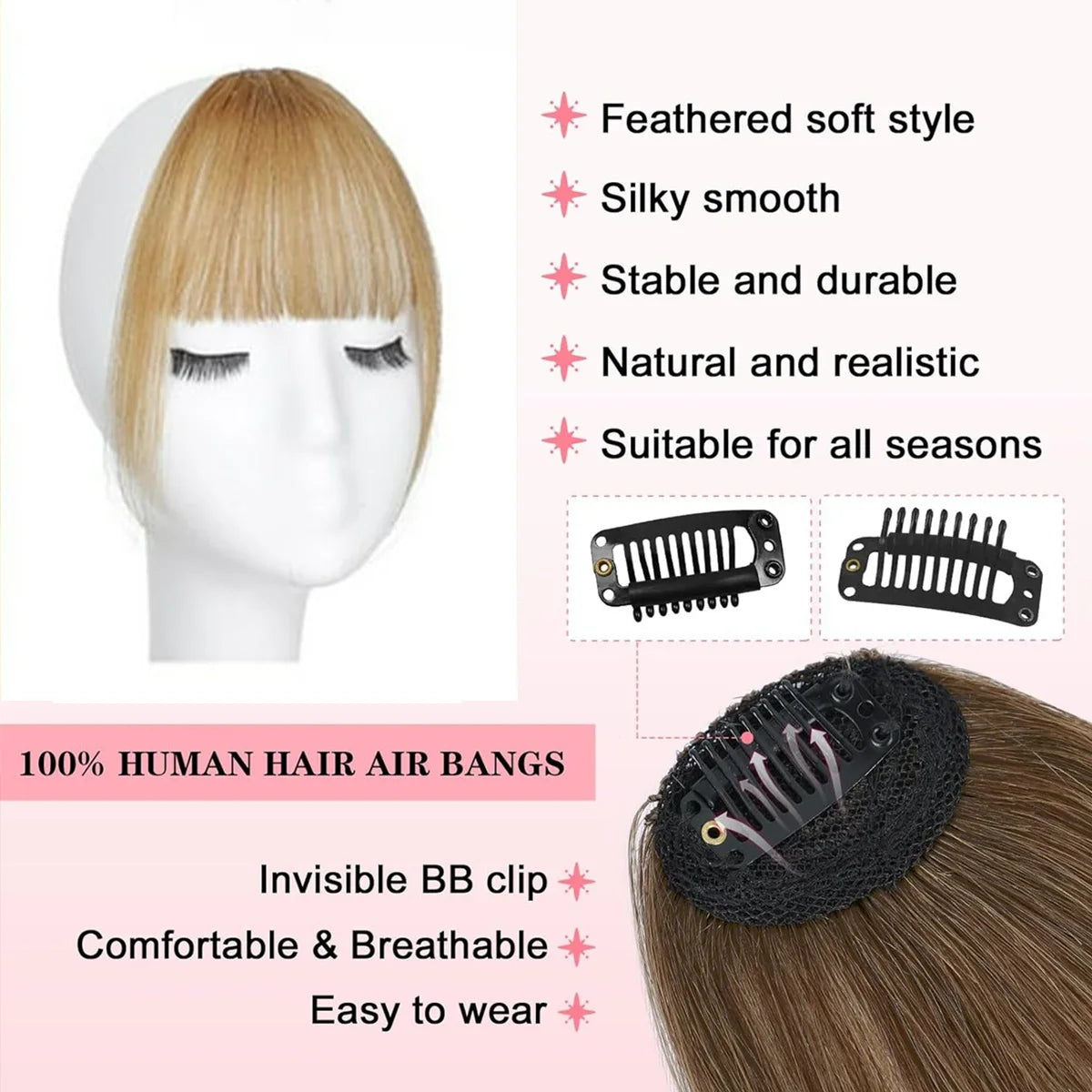 Human Hair Wispy Clip-In French Bangs with Temples, Curved Fringe Hairpiece for Quick Style Change
