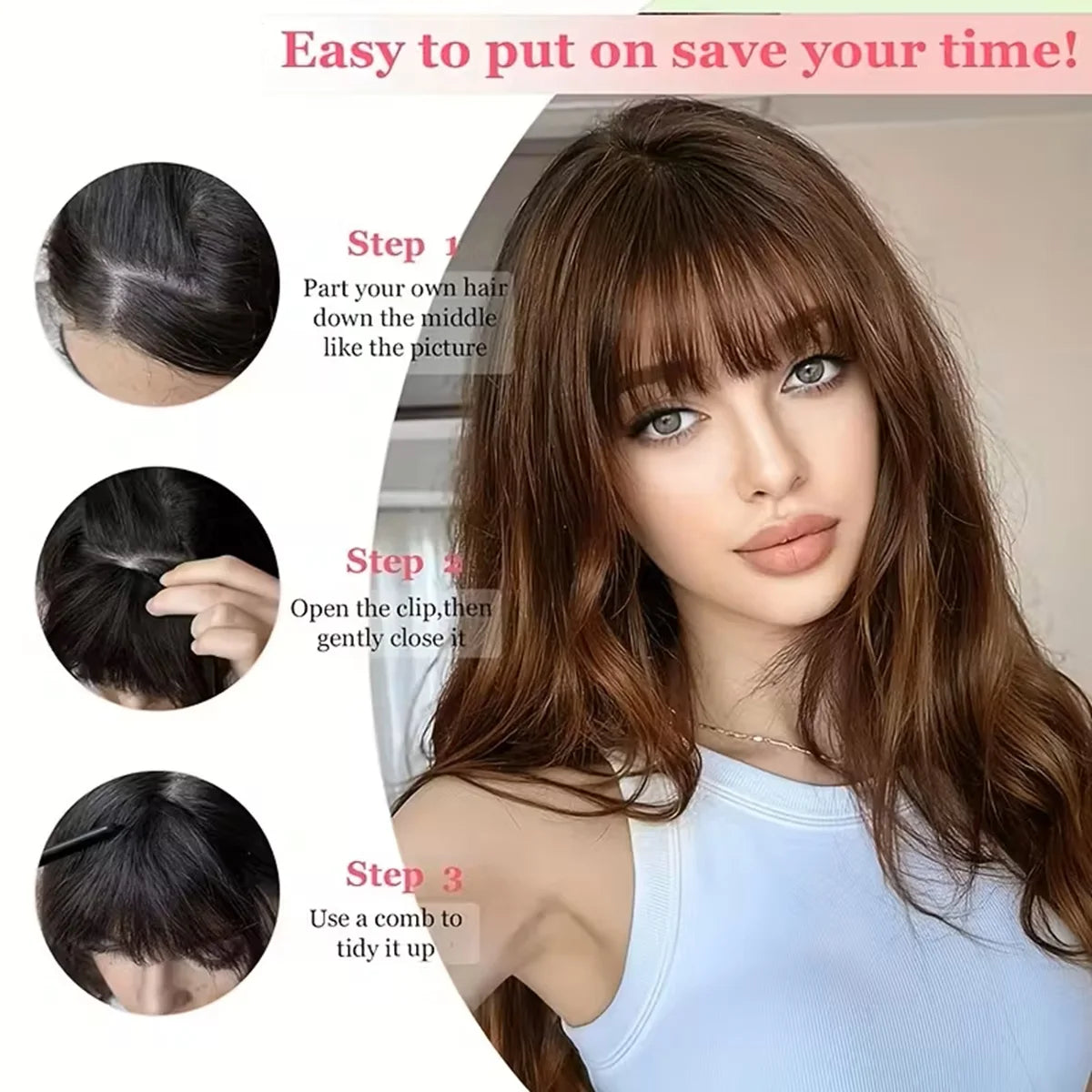 Human Hair Wispy Clip-In French Bangs with Temples, Curved Fringe Hairpiece for Quick Style Change