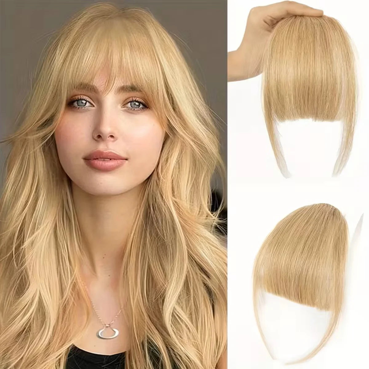 Human Hair Wispy Clip-In French Bangs with Temples, Curved Fringe Hairpiece for Quick Style Change