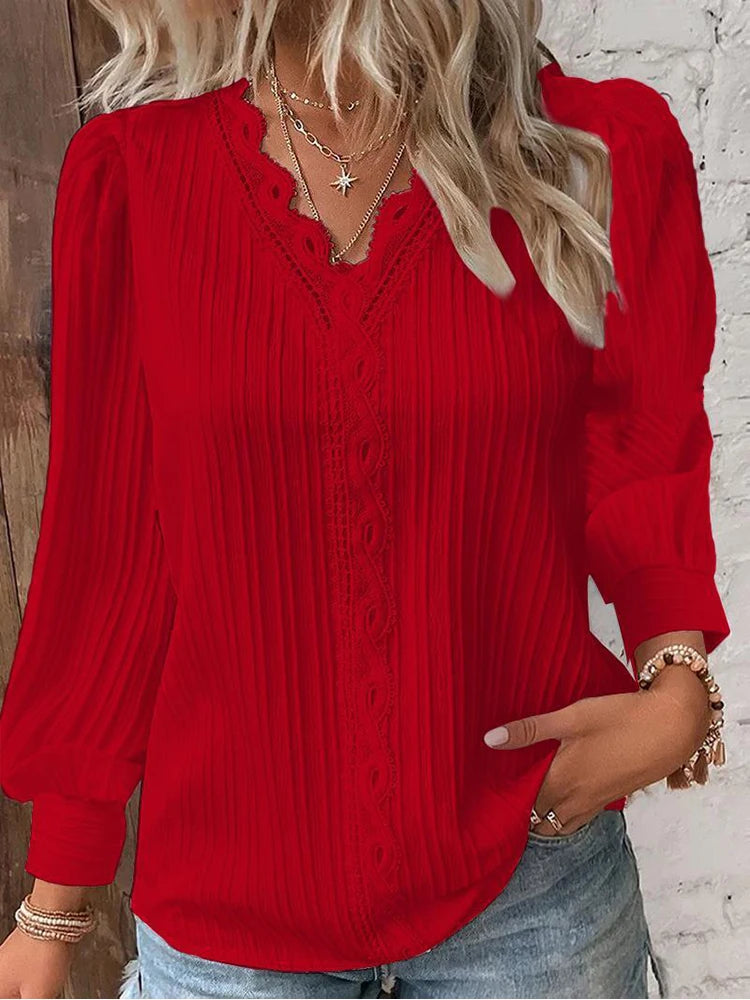 Solid Color V-neck Women Lace Stitching Shirt Simple Chiffon Decoration Hollow Out Design Fashion Elegant Top Office Lady Blouse