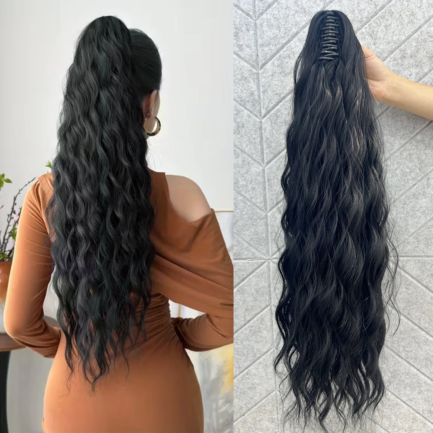 Heat-Resistant Synthetic Water Wave Claw Clip Ponytail – Fluffy Messy Hair Extension for Women (Black & Blonde)