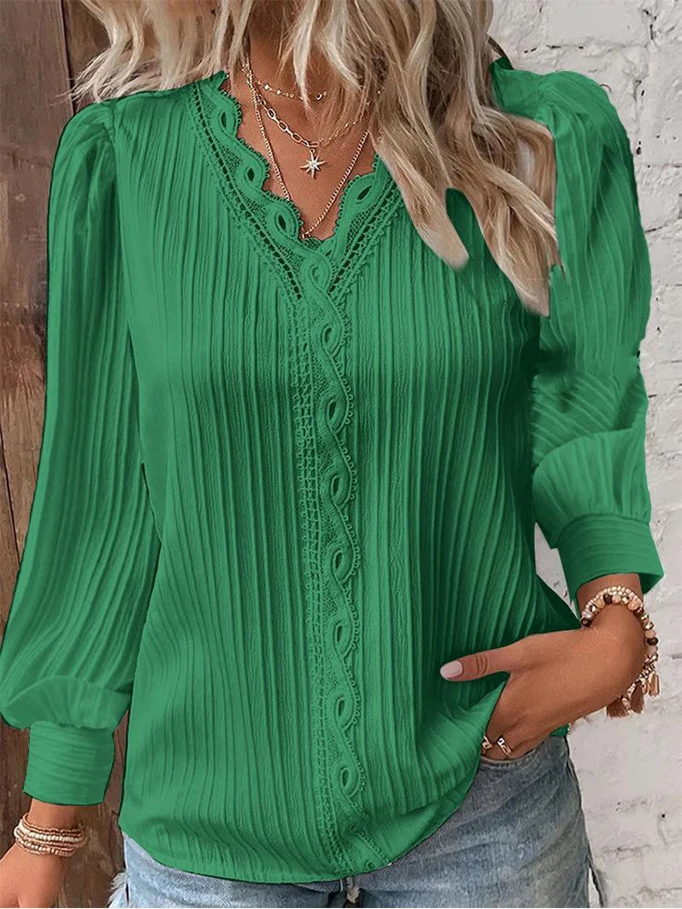 Solid Color V-neck Women Lace Stitching Shirt Simple Chiffon Decoration Hollow Out Design Fashion Elegant Top Office Lady Blouse