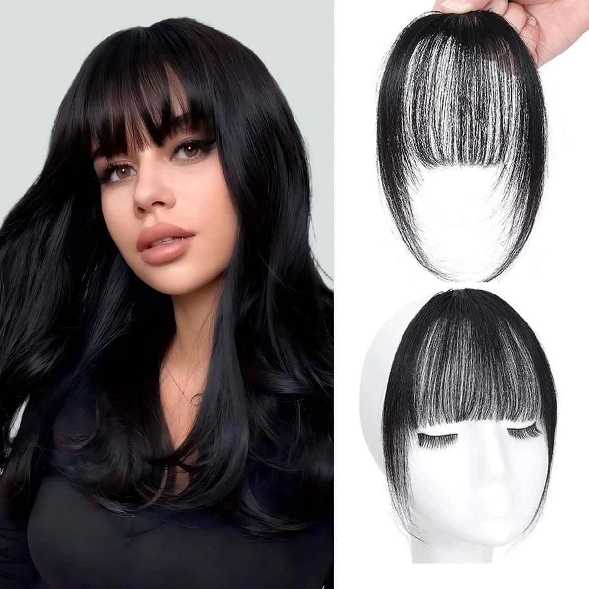 Human Hair Wispy Clip-In French Bangs with Temples, Curved Fringe Hairpiece for Quick Style Change