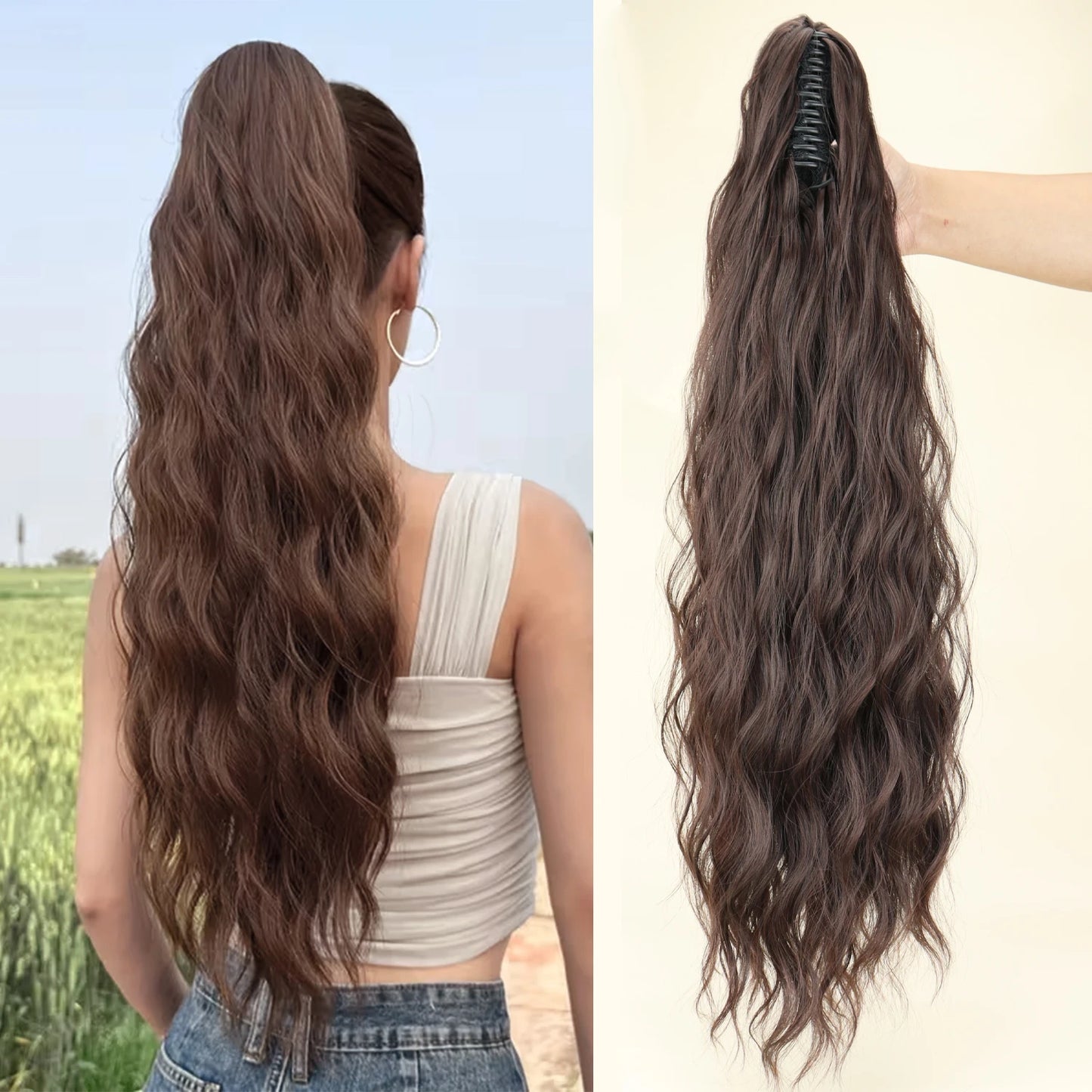 Heat-Resistant Synthetic Water Wave Claw Clip Ponytail – Fluffy Messy Hair Extension for Women (Black & Blonde)