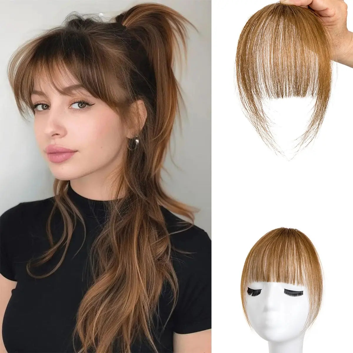 Human Hair Wispy Clip-In French Bangs with Temples, Curved Fringe Hairpiece for Quick Style Change