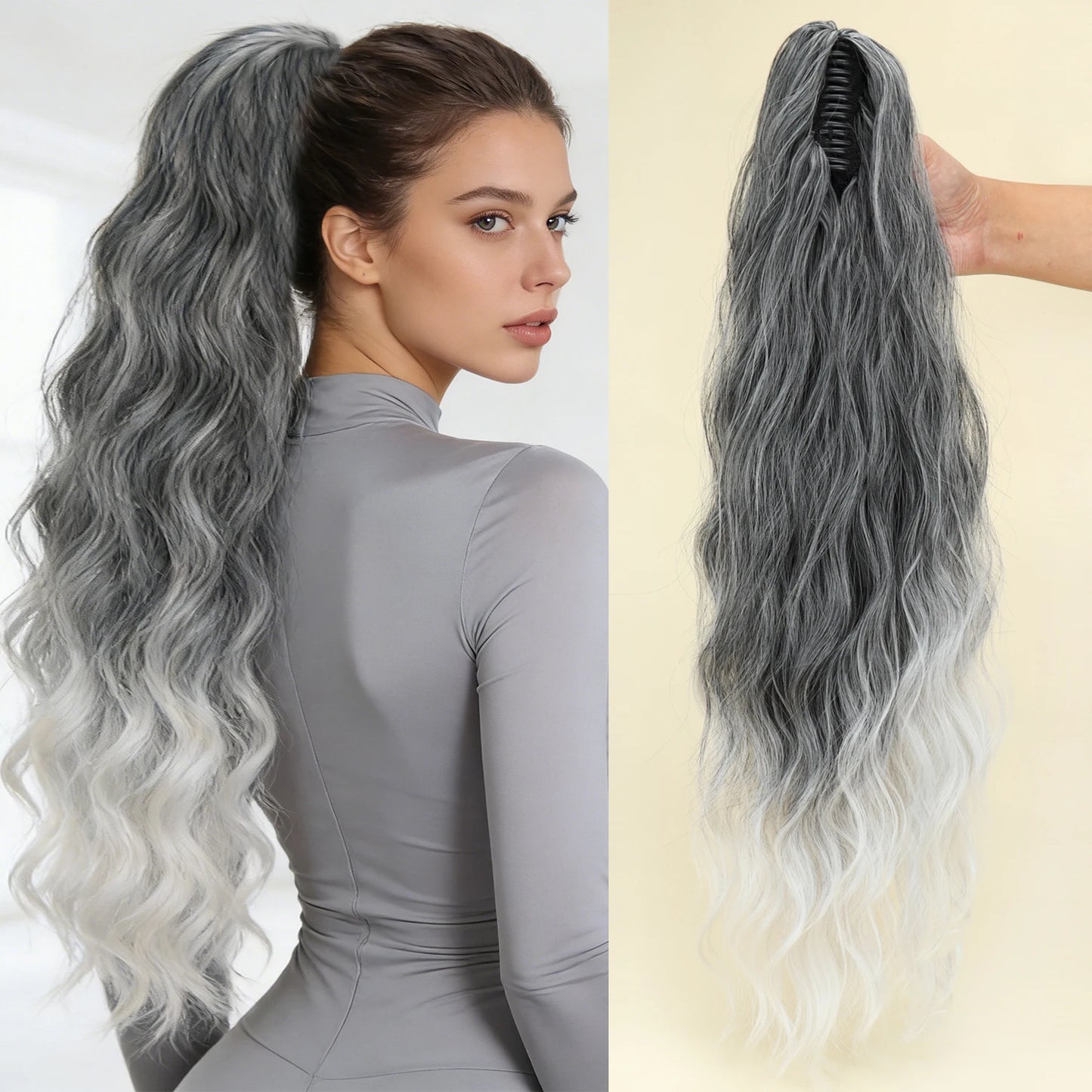 Heat-Resistant Synthetic Water Wave Claw Clip Ponytail – Fluffy Messy Hair Extension for Women (Black & Blonde)