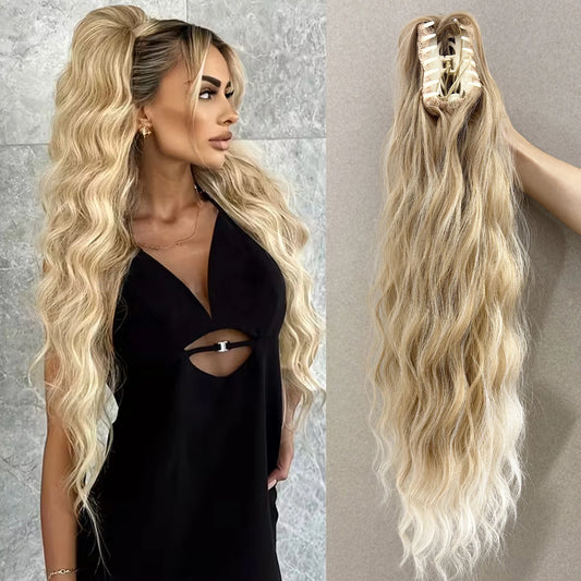 Heat-Resistant Synthetic Water Wave Claw Clip Ponytail – Fluffy Messy Hair Extension for Women (Black & Blonde)