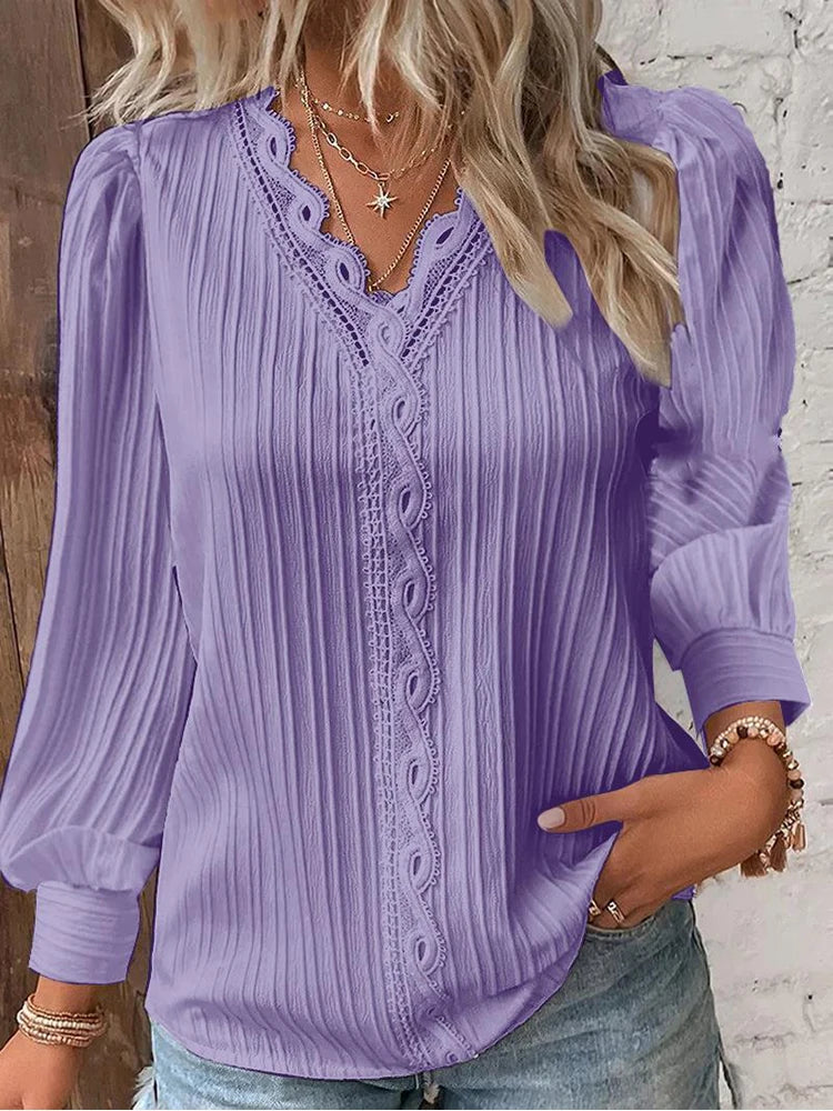 Solid Color V-neck Women Lace Stitching Shirt Simple Chiffon Decoration Hollow Out Design Fashion Elegant Top Office Lady Blouse