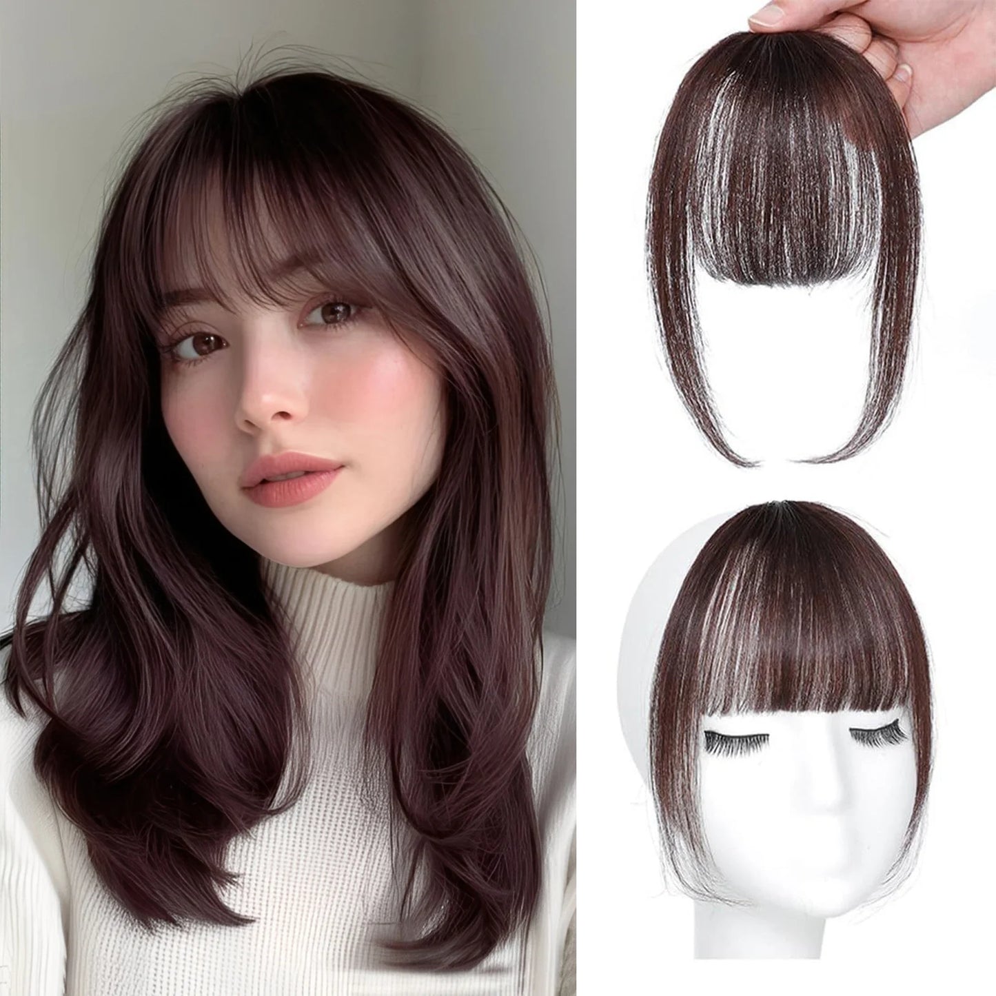 Human Hair Wispy Clip-In French Bangs with Temples, Curved Fringe Hairpiece for Quick Style Change