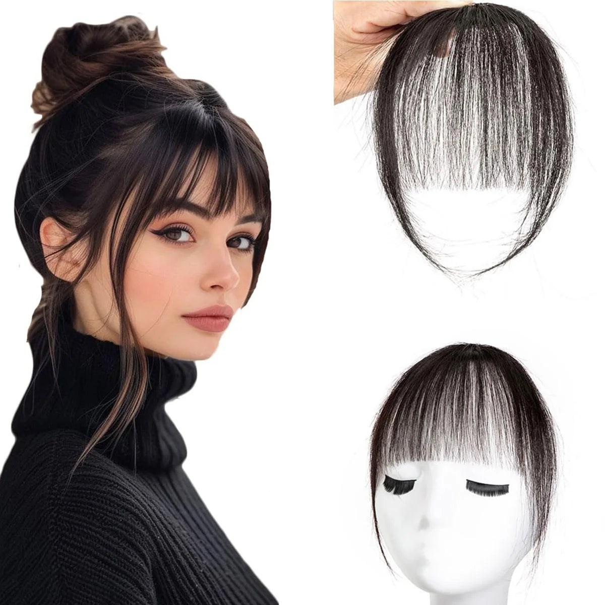 Human Hair Wispy Clip-In French Bangs with Temples, Curved Fringe Hairpiece for Quick Style Change