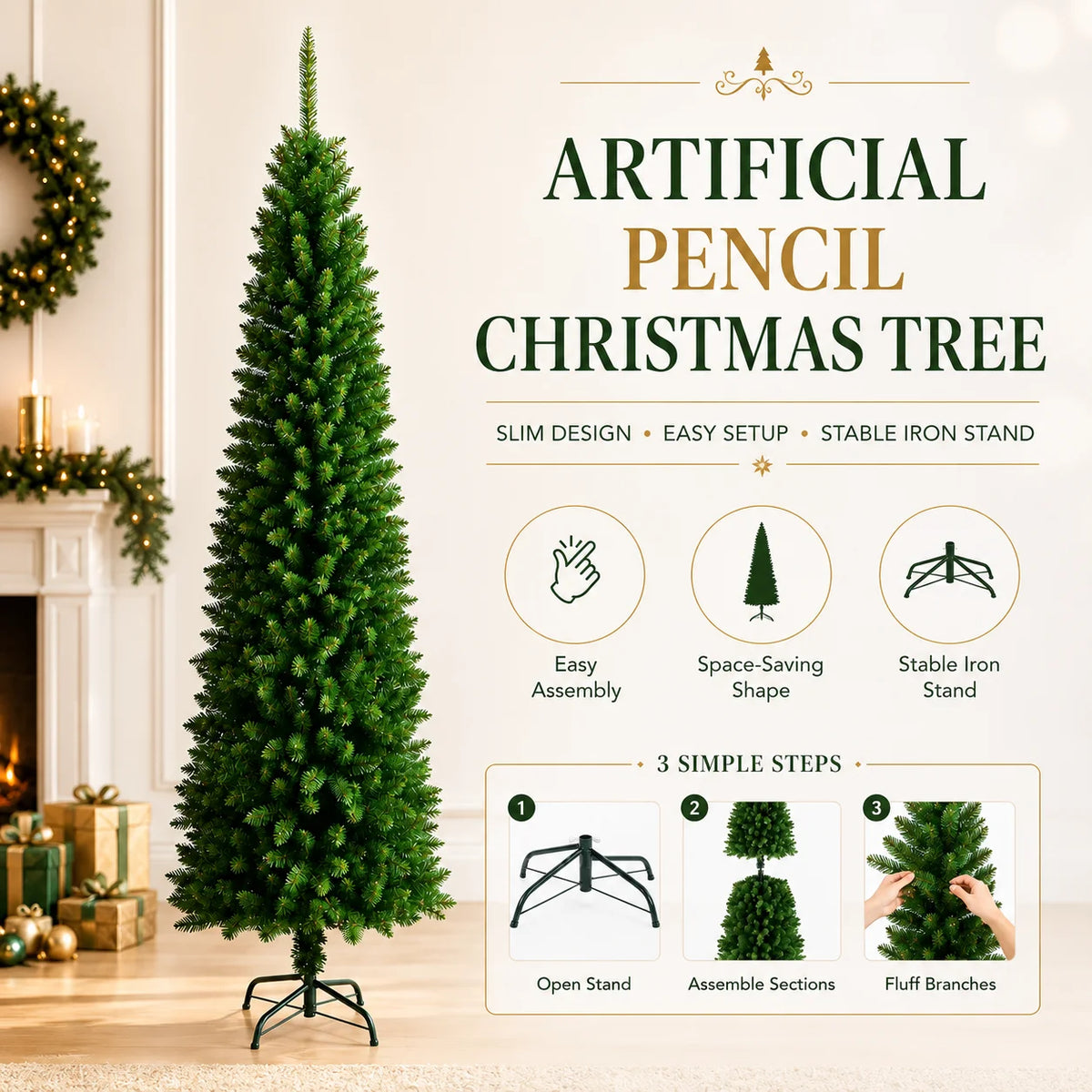 Slim Pencil Artificial Christmas Tree with Metal Stand, 120–210 cm Green PVC Tree with Optional Warm White USB Lights