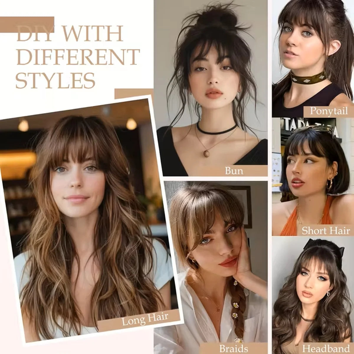 Human Hair Wispy Clip-In French Bangs with Temples, Curved Fringe Hairpiece for Quick Style Change