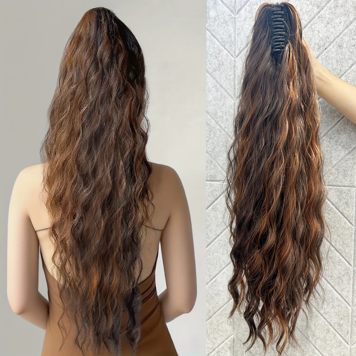 Heat-Resistant Synthetic Water Wave Claw Clip Ponytail – Fluffy Messy Hair Extension for Women (Black & Blonde)