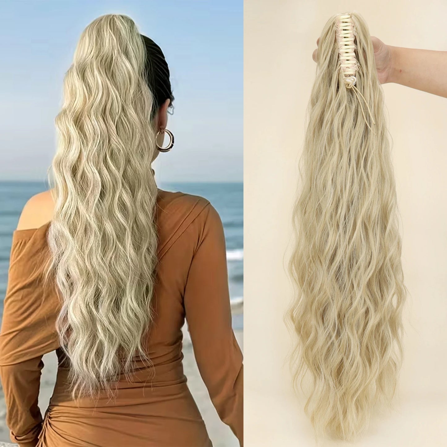 Heat-Resistant Synthetic Water Wave Claw Clip Ponytail – Fluffy Messy Hair Extension for Women (Black & Blonde)