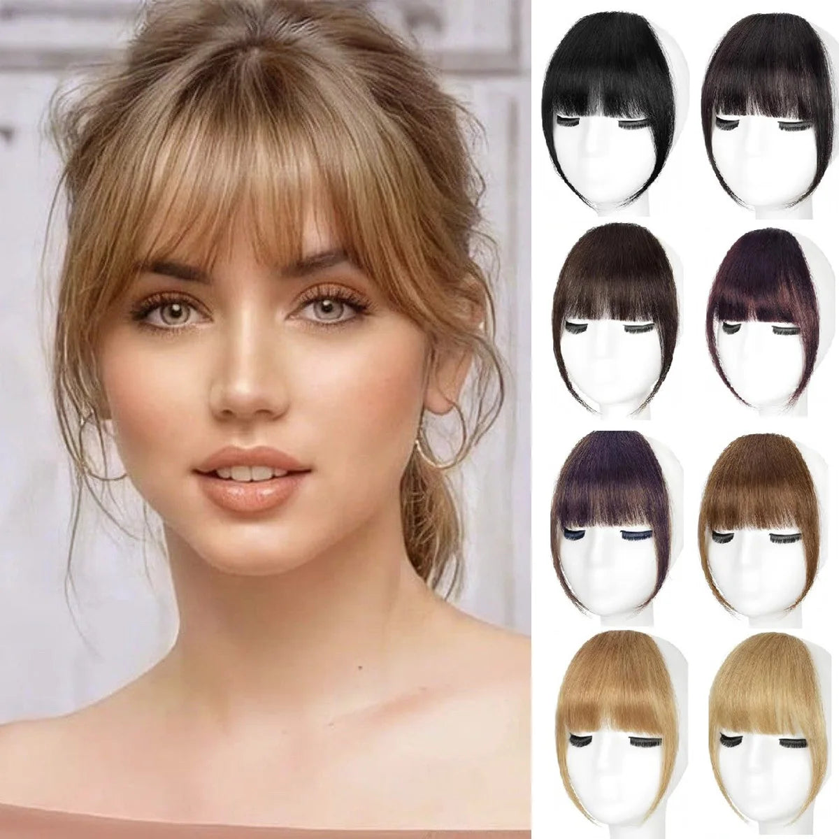 Human Hair Wispy Clip-In French Bangs with Temples, Curved Fringe Hairpiece for Quick Style Change