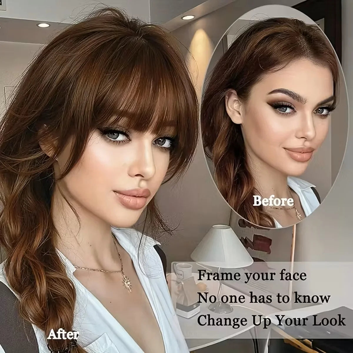 Human Hair Wispy Clip-In French Bangs with Temples, Curved Fringe Hairpiece for Quick Style Change