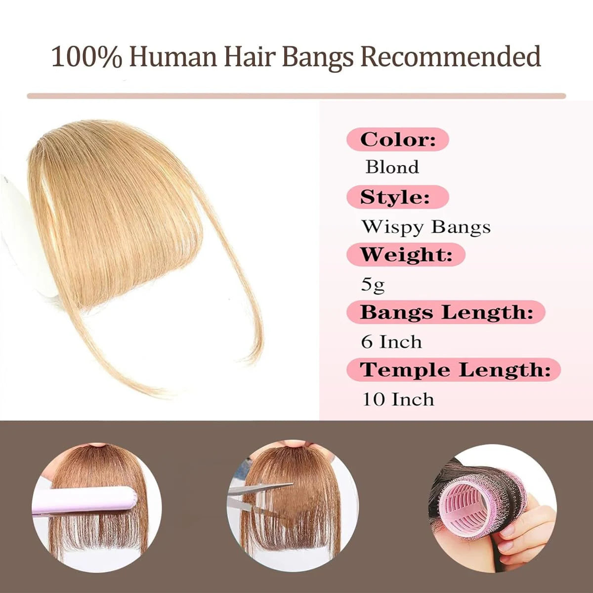 Human Hair Wispy Clip-In French Bangs with Temples, Curved Fringe Hairpiece for Quick Style Change
