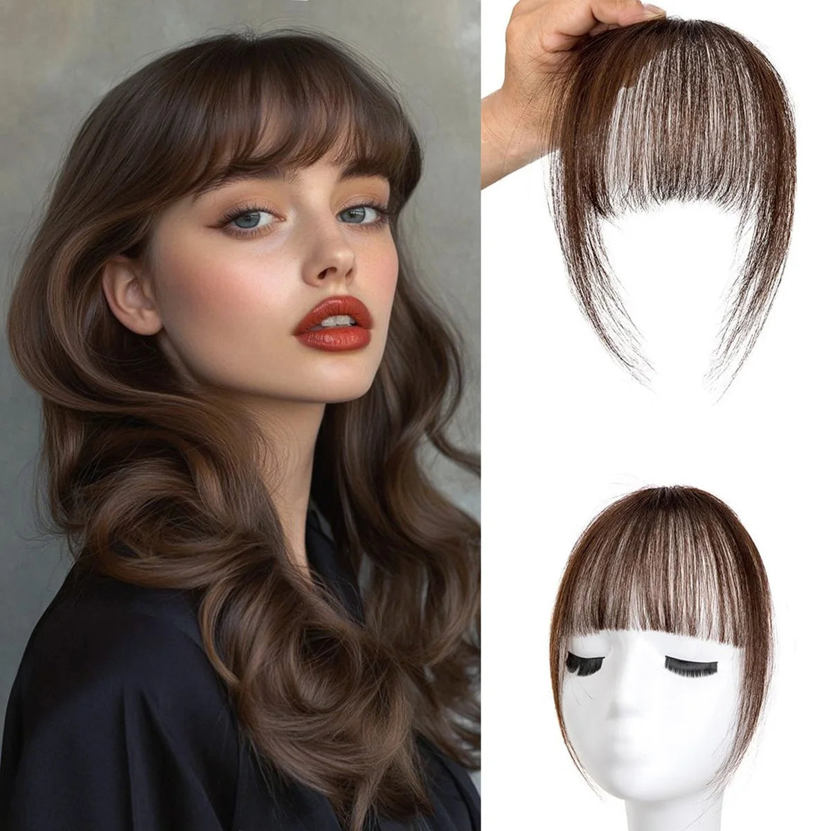 Human Hair Wispy Clip-In French Bangs with Temples, Curved Fringe Hairpiece for Quick Style Change