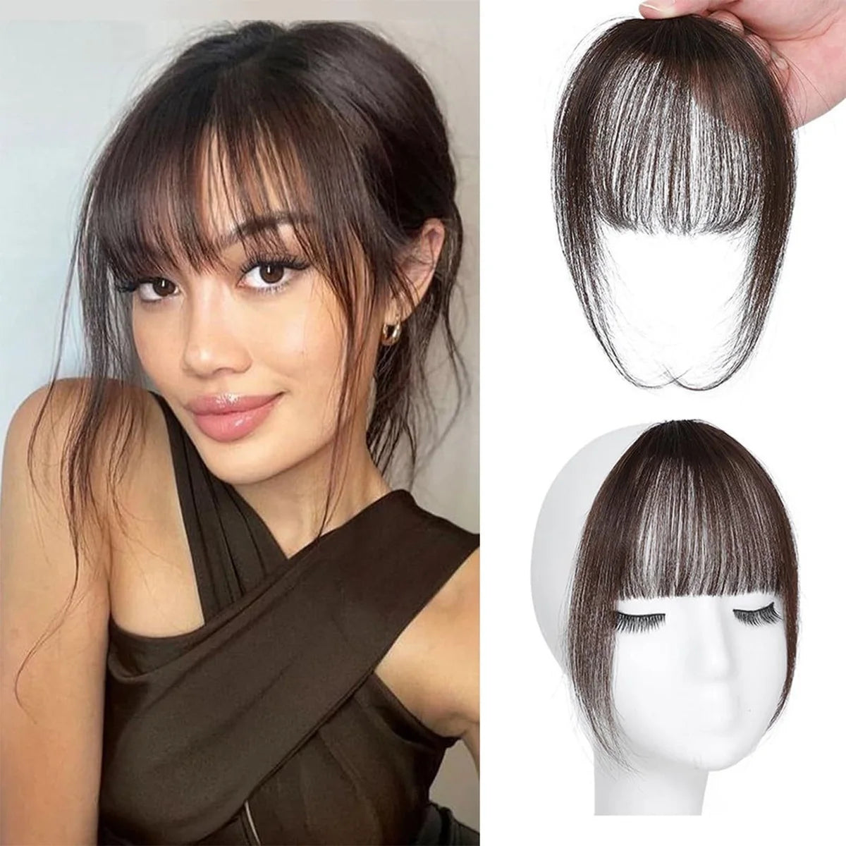 Human Hair Wispy Clip-In French Bangs with Temples, Curved Fringe Hairpiece for Quick Style Change