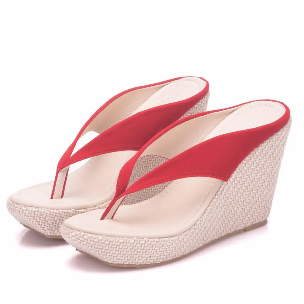 Women’s Platform Wedge Flip Flops – High Heel Beach Sandals, Boho Style, White & Pink