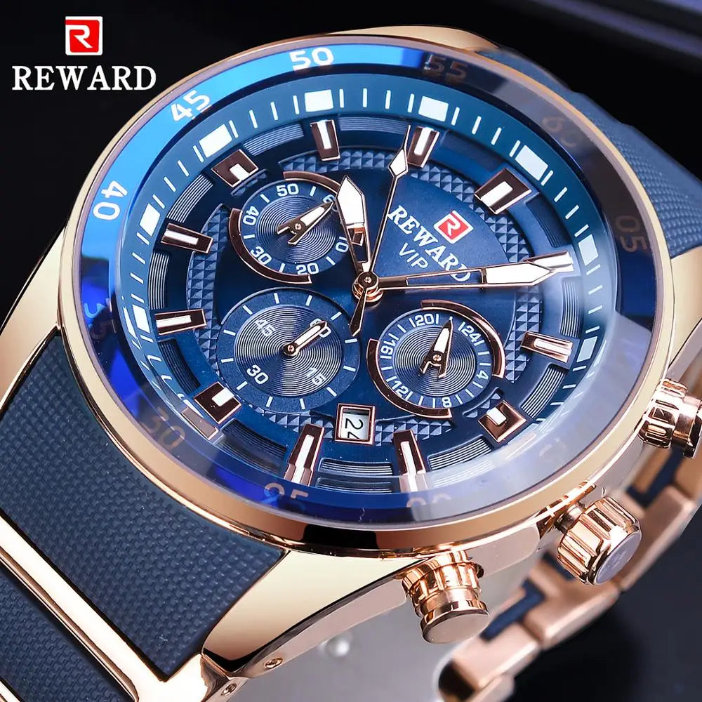 Men’s Sport Watch Blue Dial – Multifunction Quartz Watch with Silicone Strap & Stainless Steel Case