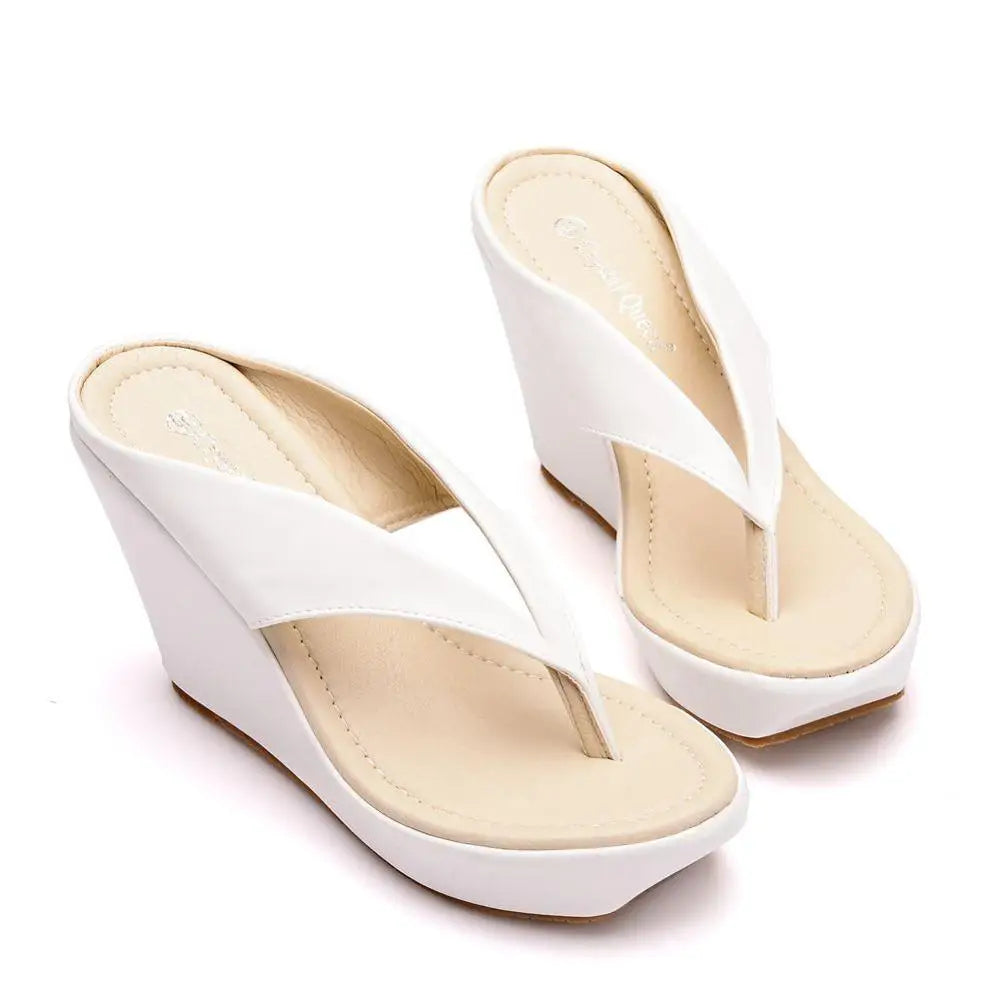 Women’s Platform Wedge Flip Flops – High Heel Beach Sandals, Boho Style, White & Pink