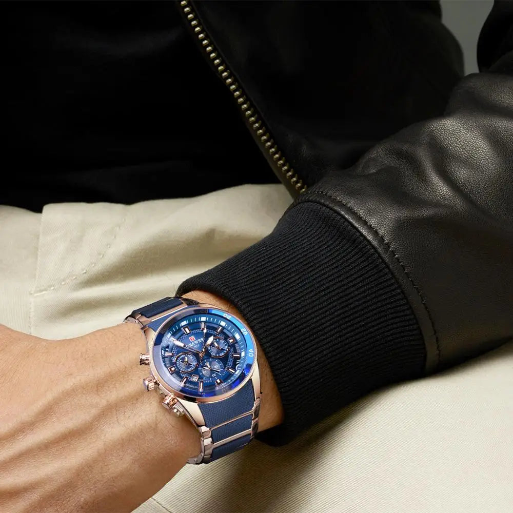 Men’s Sport Watch Blue Dial – Multifunction Quartz Watch with Silicone Strap & Stainless Steel Case