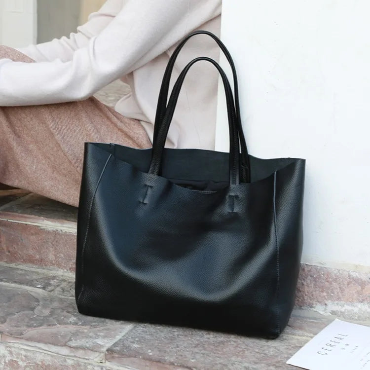 Women’s Casual Leather Tote Bag – Large Soft Cowhide Shoulder Purse for Shopping & Travel