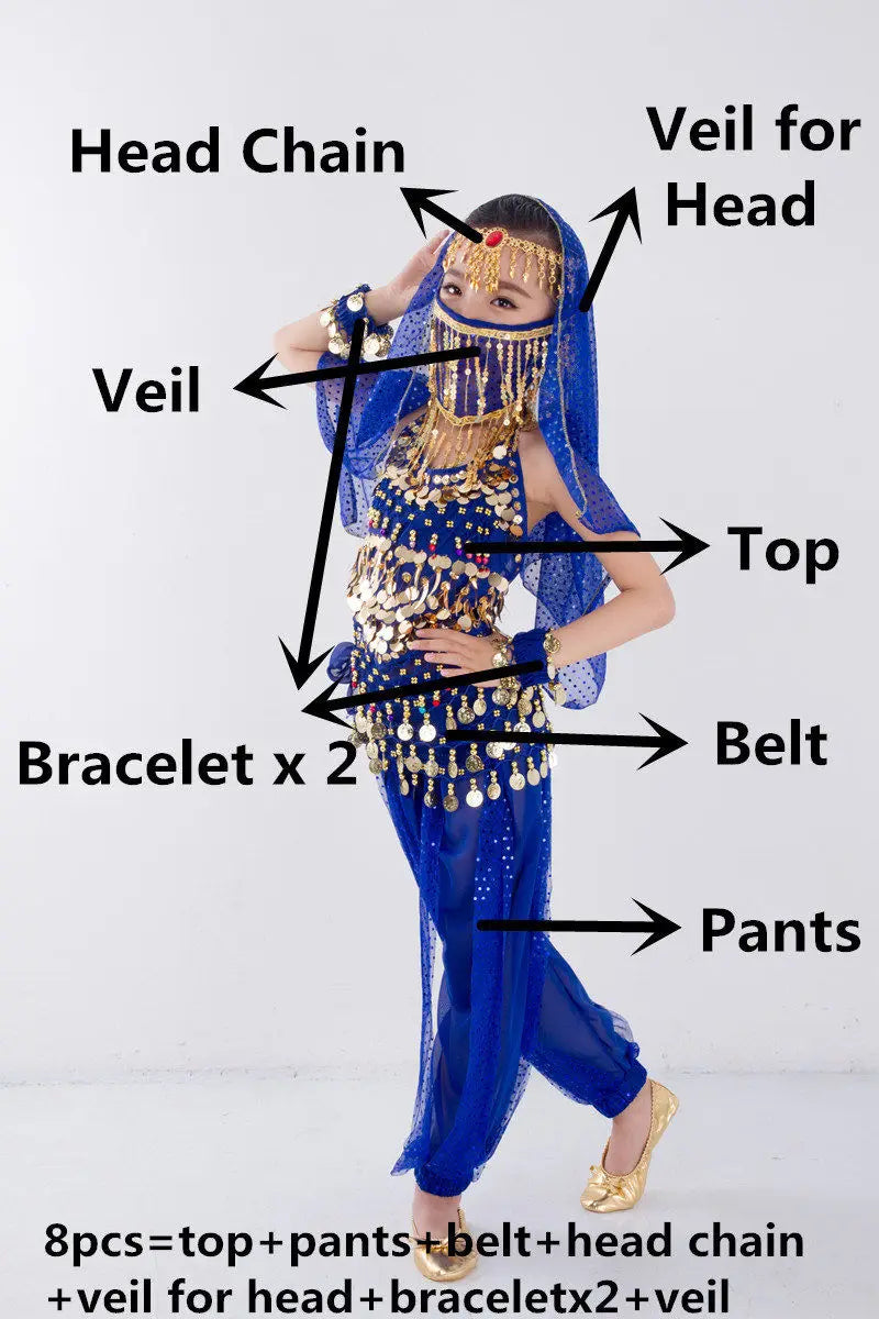 Kids Belly Dance Costume for Girls – Belly Dancer Outfit Set with Belt, Pants, Veil & Accessories (2–8PCS)