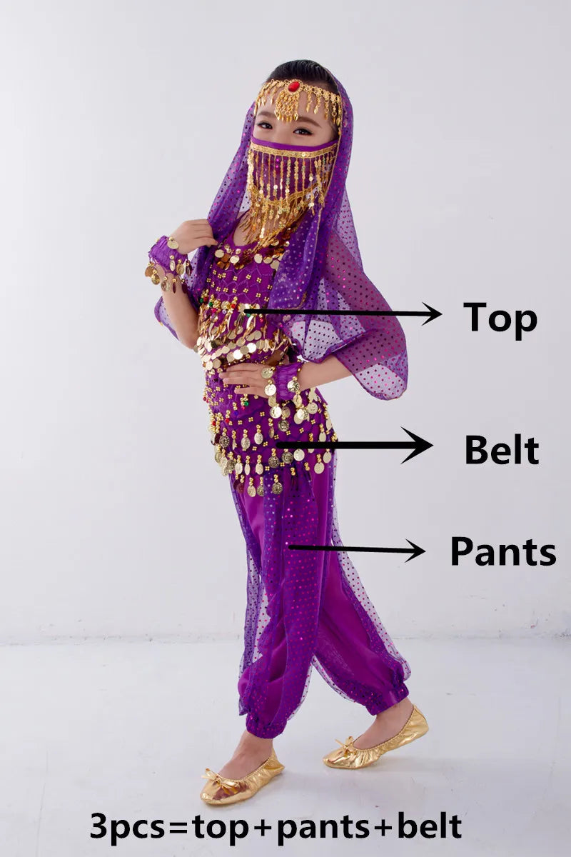 Kids Belly Dance Costume for Girls – Belly Dancer Outfit Set with Belt, Pants, Veil & Accessories (2–8PCS)