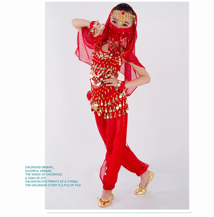 Kids Belly Dance Costume for Girls – Belly Dancer Outfit Set with Belt, Pants, Veil & Accessories (2–8PCS)