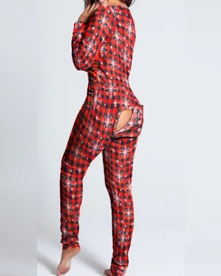 Women’s Christmas Button-Front Pajama Jumpsuit with Back Flap Holiday One-Piece Loungewear