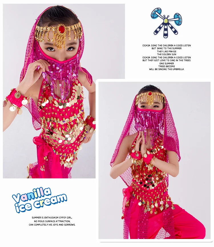 Kids Belly Dance Costume for Girls – Belly Dancer Outfit Set with Belt, Pants, Veil & Accessories (2–8PCS)