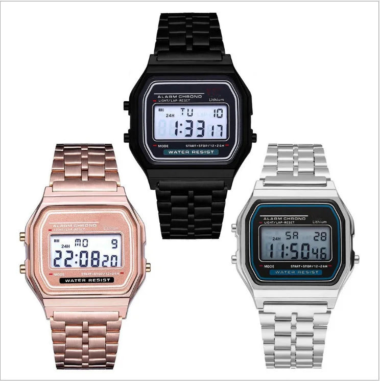 Vintage LED Digital Watch with Steel Strap – Unisex Electronic Sports Wristwatch, Valentine’s Day Gift