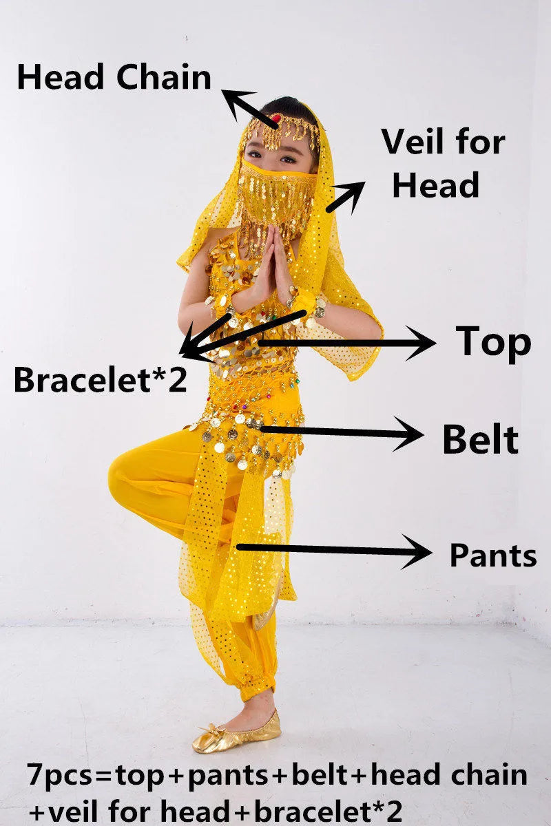 Kids Belly Dance Costume for Girls – Belly Dancer Outfit Set with Belt, Pants, Veil & Accessories (2–8PCS)