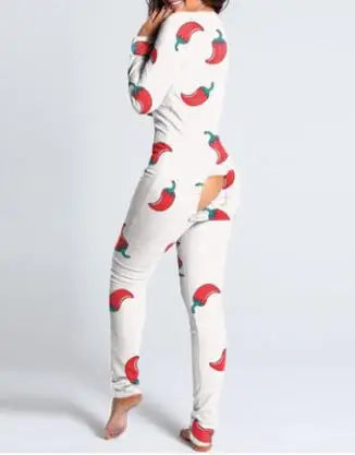 Women’s Christmas Button-Front Pajama Jumpsuit with Back Flap Holiday One-Piece Loungewear
