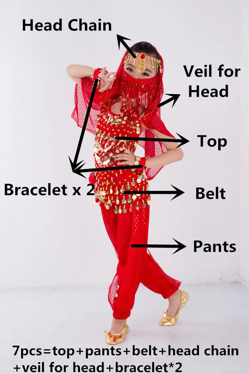 Kids Belly Dance Costume for Girls – Belly Dancer Outfit Set with Belt, Pants, Veil & Accessories (2–8PCS)