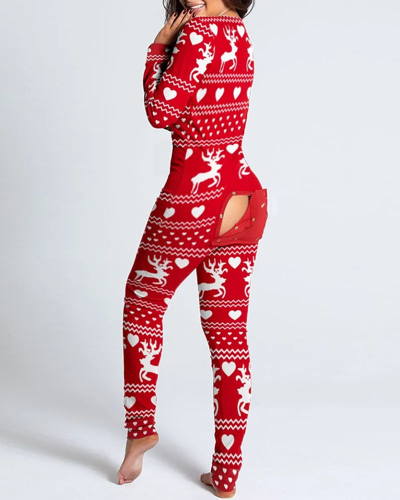 Women’s Christmas Button-Front Pajama Jumpsuit with Back Flap Holiday One-Piece Loungewear